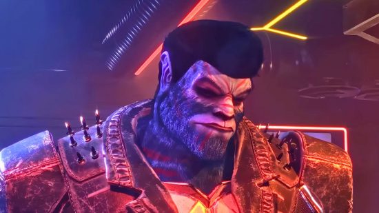Hangry Steam reveal: a big man covered in blue fur wearing a leather jacket