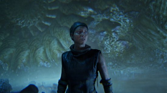 Senua peers around in the surreal representation of her mindscape in Hellblade 2.