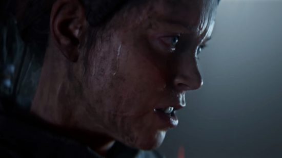 Hellblade 2 preview: Senua is caught in profile, her teeth gritted and brow furrowed, resolved in her plight.