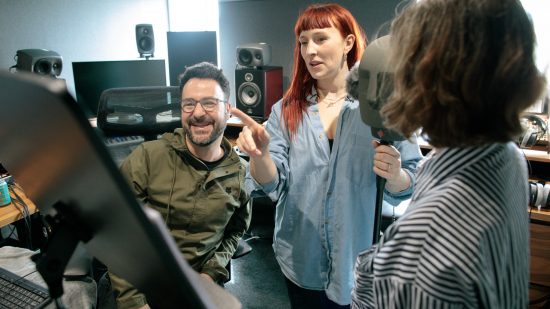 Hellblade 2 preview: Abbi Greenland and Helen Goalan converse in the audio booth alongside composer David Garcia Diaz as Ninja Theory head office.