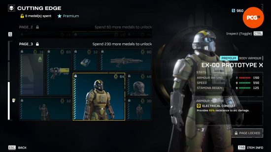 Electrical Conduit is one of the best perks for Helldivers 2 armor and here you see one of them in the Cutting Edge acquisition center Warbond.