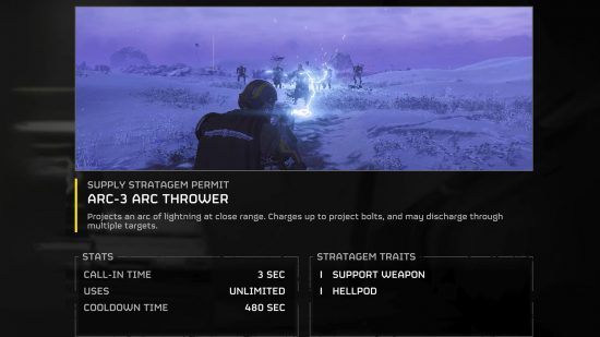 The in-game summary page for the Arc Thrower, one of the best Helldivers 2 stratagems.