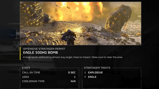 The in-game summary page for the Eagle 500kg bomb, one of the best Helldivers 2 stratagems.