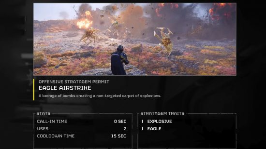 The in-game summary page for the Eagle Airstrike, one of the best Helldivers 2 stratagems.