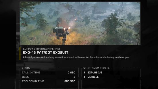 The in-game summary page for the Exo-45 Patriot Exosuit, one of the best Helldivers 2 stratagems.