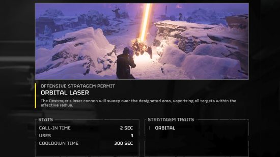 The in-game summary page for the Orbital Laser, one of the best Helldivers 2 stratagems.