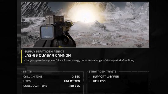 The in-game summary page for the Quaser Cannon, one of the best Helldivers 2 stratagems.