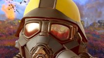 Helldivers 2 patch 01.000.300 ammo: a close up of a yellow and black armor helmet