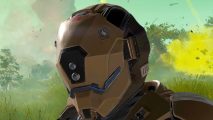 Helldivers 2 Spear fix: a brown space helmet on a lush green background