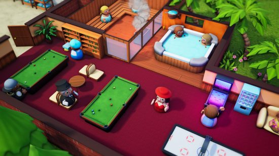 Hotel Architect - A series of customers enjoy spa, sauna, jacuzzi, snooker, and arcade game facilities in the Pathos Interactive management game.