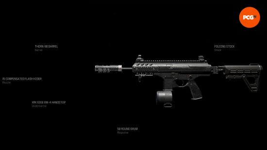 Best Warzone HRM-9 loadout: The Warzone HRM-9 SMG on a black background, with the names of the best attachments around it.