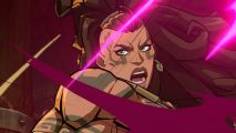 League of Legends fighting game expands roster with tentacled warrior: A closeup of Illaoi as an attack goes off, showing purple strikes flying across her grimacing face.