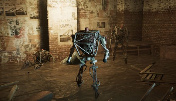Grab this underrated atmospheric robot filled FPS for free this week: A spooky headless robot stands in a ruined scene in Industria.