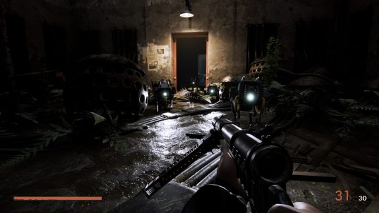 A screenshot from Industria which shows the player shooting at a series of small robotic dogs who are getting awfully close.