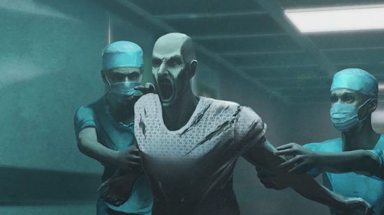 Infection Free Zone Steam balance patch: a zombie in a hospital gown being restrained by two doctors