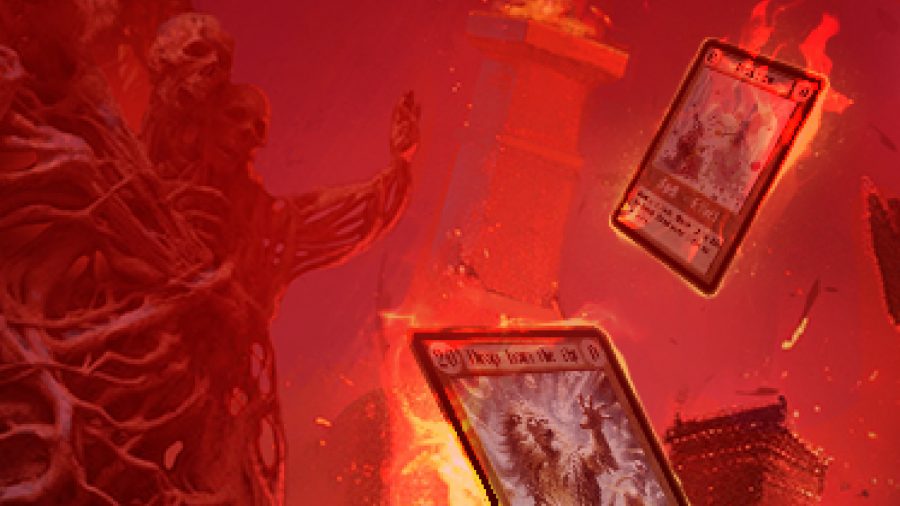 Inferni Hope and Fear - Burning trading cards fall through a red-soaked dungeon.