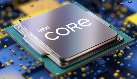 A 3D render of an 11th Gen Intel Core processor, against a blue-yellow background