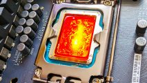 Intel blames motherboard makers for game crashes: Core i9 14900K glowing red hot mockup