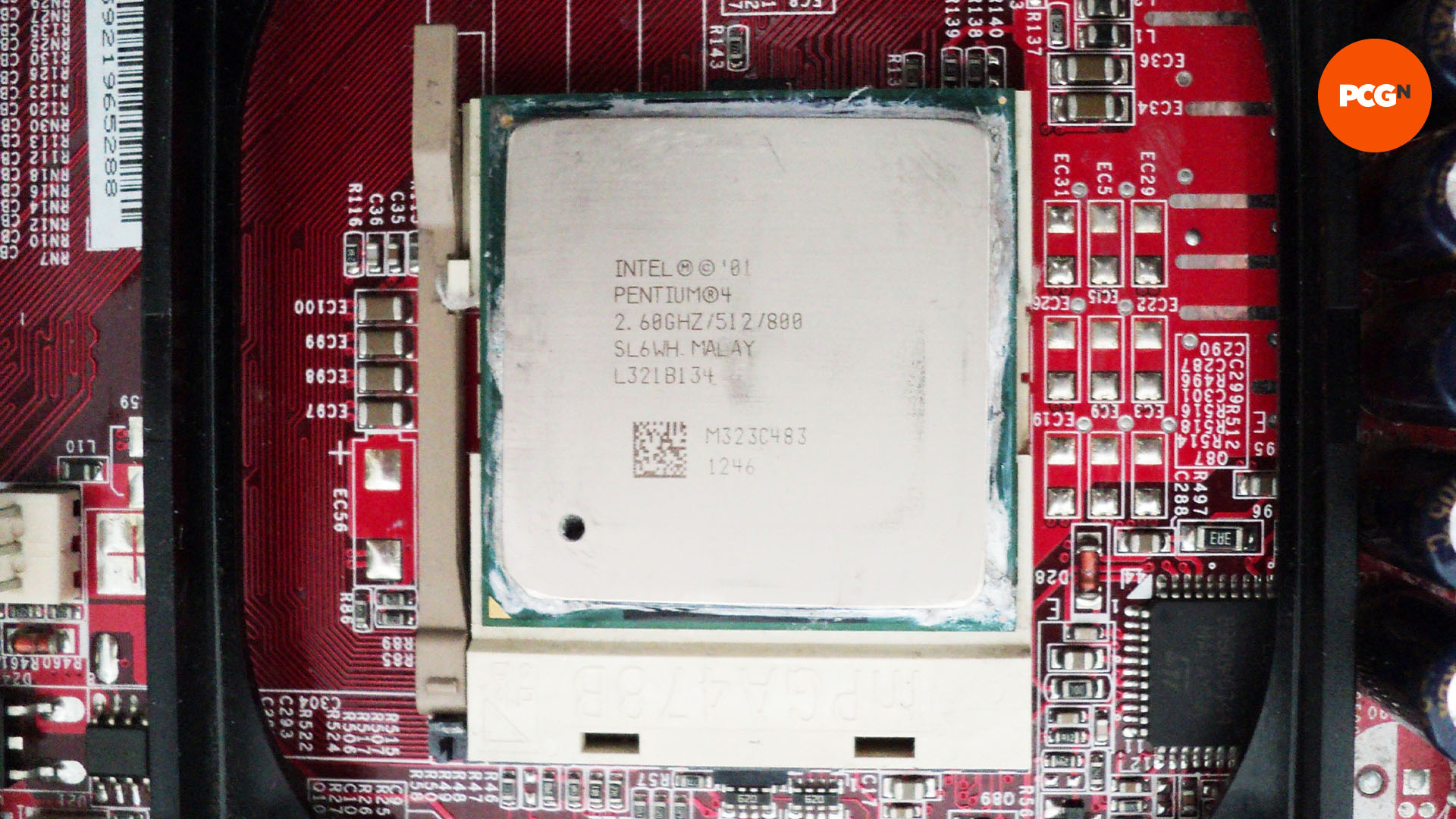 Intel Pentium 4: A 2.6GHz Socket 478 Northbridge CPU installed in a red MSI motherboard