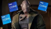 A droid from Star Wars Outlaws surrounded by Intel Core badges