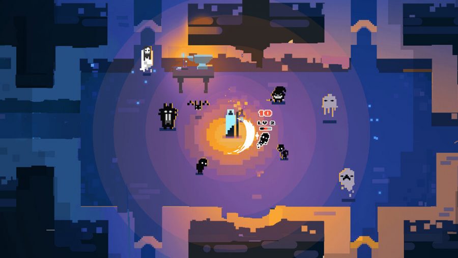 A dungeon in Into the Restless Ruins, where monsters surround a bright light and the game fades to deep purples in the distance.