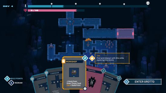 A screenshot from Into the Restless Ruins showing the dungeon being built, with cards along the bottom of the screen.