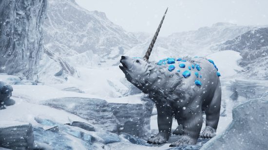Isla de los Vientos: un oso polar con crecimientos azules parecidos a cristales en su espalda y un cuerno retorcido que sobresale de su frente.