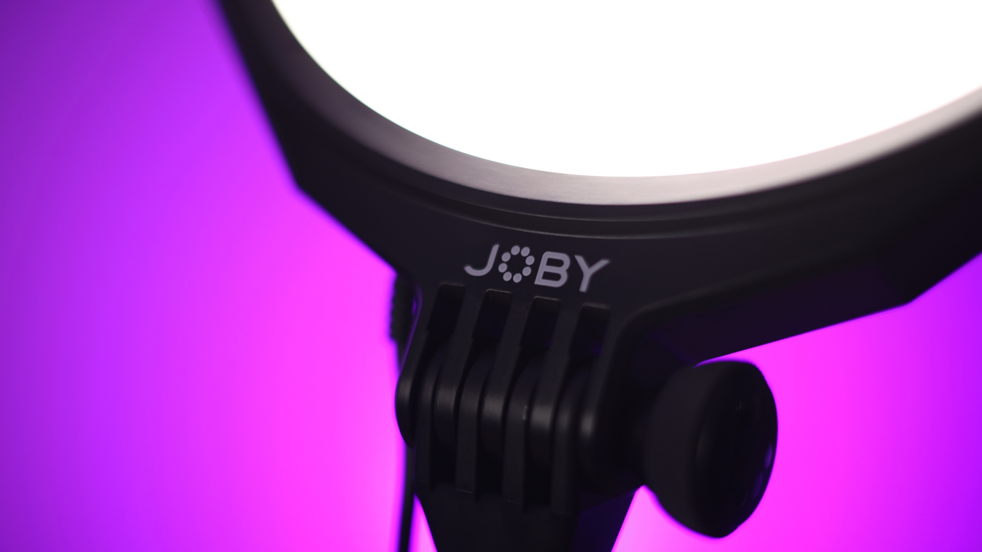 Joby Beamo Studio Key Light review image showing a close up of the brand insignia on the light.