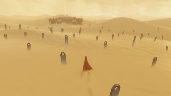 The main character from Journey runs through a desert graveyard, with hills ahead and a sandstorm brewing in the air.