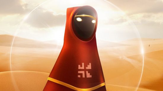 94% rated GOTY winner hits all-time high player count on Steam: The main character from Journey stands with the desert in the background, and a halo of light around them.