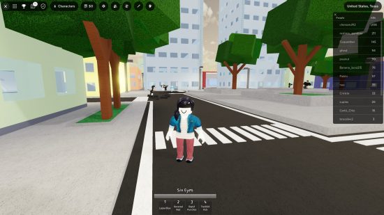 Jujutsu Shenanigans codes: a blocky person standing in a cartoon-like street, surrounded by low-poly trees.