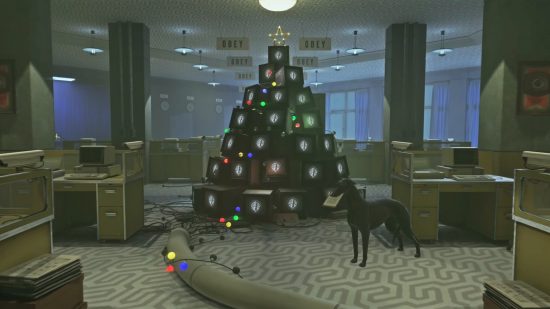 Karma: The Dark World preview: One of the many office spaces in the Orwellian horror game, with a tower of CRT televisions in the shape of a Christmas tree in the centre.