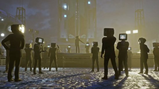 Karma: The Dark World preview: A gaggle of salarymen with CRT television sets for heads gathers around a raised platform in a city square. On the platform, one figure stands with a gun raised to the CRT head of another on their knees beside them.
