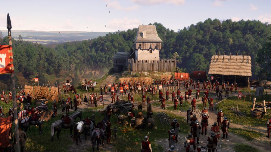 A vast army assembles in a warcamp, with rolling hills and lush forests visible behind them.