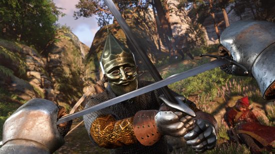 A be-helmed warrior attacks Henry in Kingdom Come: Deliverance 2, but thankfully Henry has managed to block the incoming blow.