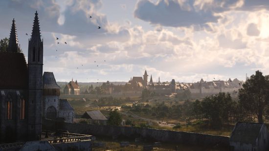 The medieval city of Kuttenberg lies before you, clouds in the sky and spires and buildings dotting a huge vista.