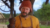 Kingdom Come Deliverance Steam sale: a man in a yellow shirt and red hat, wearing a brown leather apron