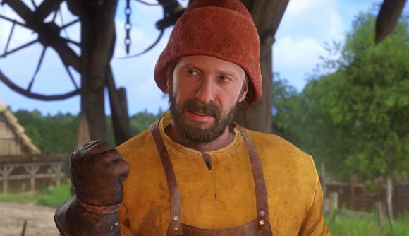 Kingdom Come Deliverance Steam sale: a man in a yellow shirt and red hat, wearing a brown leather apron