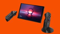 A Lenovo Legion Go with it's controller detached and one in the vertical mouse position against an orange background