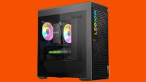 An image of the Lenovo Legion T5 gaming pc against a bright orange background