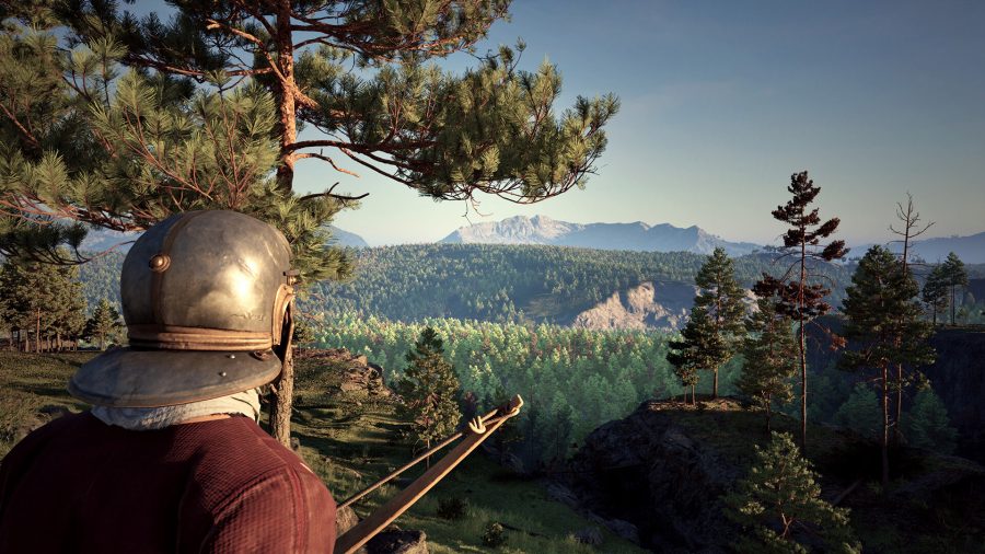 A legionnaire looks out across a vast Germanic forest, helmet on head and bow in hand.