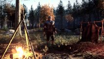 The Roman Empire meets Valheim in this new co-op survival sim: A legionary stands in a rough camp, a fire to one side and a tanning rack on another.