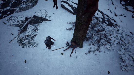 A snowy scene where a legionary stands in front of a corpse who has died against a tree.