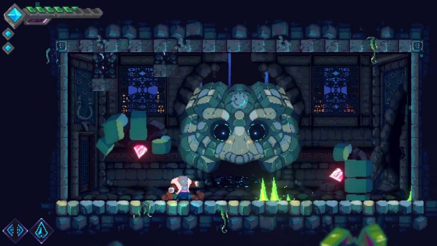 Lucid: A blue pixel character fights a rocky owl-like figure in a dark dungeon area