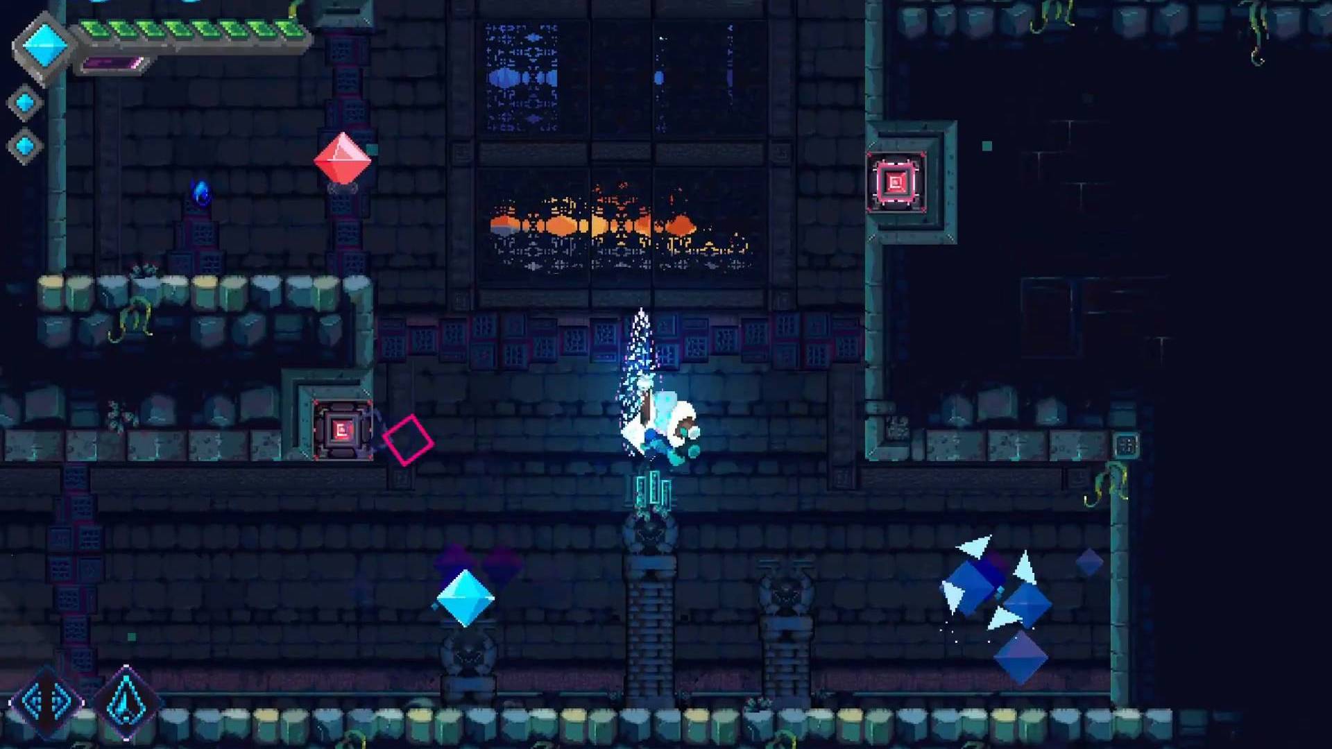 Mega Man und Doom kollidieren in einem neuen Indie-Plattformer: Ein blauer Pixelcharakter stürmt in einem dunklen Dungeonbereich nach oben