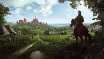 Manor Lords early access review: a soldier on a horse overlooking a medieval town.
