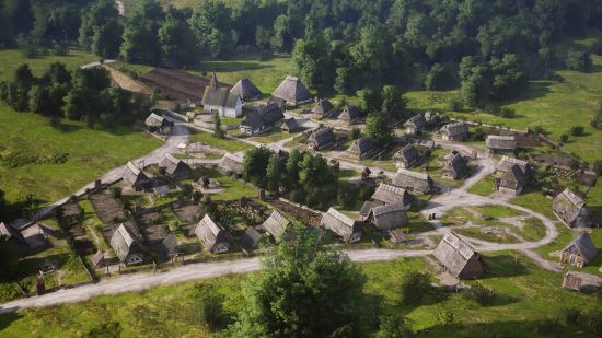 A top-down view of an early settlement in Manor Lords, available on Game Pass.