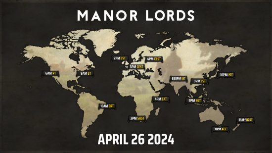 Eine Weltkarte mit den globalen Veröffentlichungszeiten für Manor Lords.