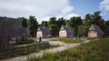 Manor Lords dev downplays hype ahead of early access launch: A scene from Manor Lords showing a villager walking towards their home, with a few houses behind them.