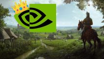 An Nvidia logo, wearing a crown, (left) sits atop a hill with a knight (right) looking onwards at it